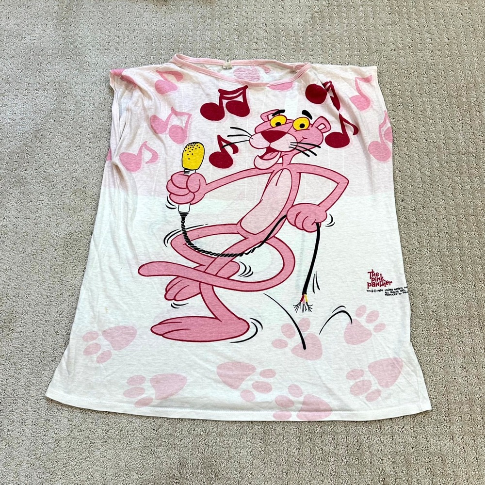 Vintage Pink Panther Sleep Shirt Women's Large 80s Sleeveless Pajama Top 2-Sided